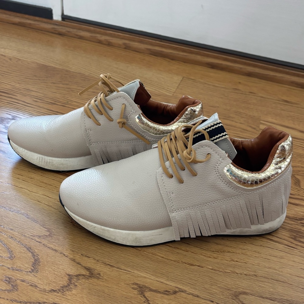 Beige Fringe Sneakers with Gold Accents